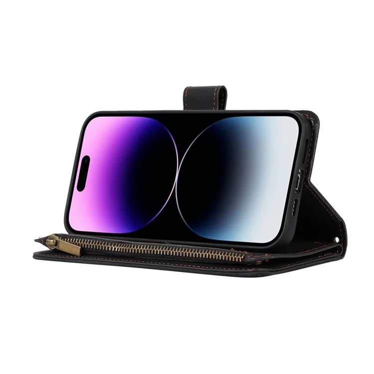 For iPhone 15 Plus Flip Wallet Stand Case 9 Card Slots Zipper Pocket Phone Cover with Wrist+Shoulder Straps - Black