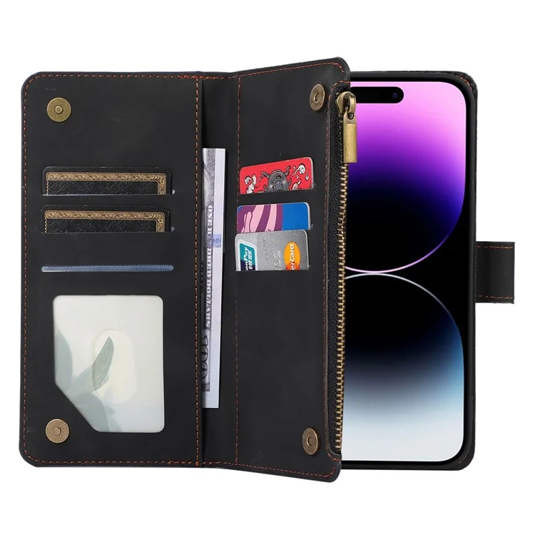 For iPhone 15 Plus Flip Wallet Stand Case 9 Card Slots Zipper Pocket Phone Cover with Wrist+Shoulder Straps - Black