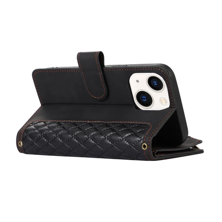 For iPhone 15 Plus Flip Wallet Stand Case 9 Card Slots Zipper Pocket Phone Cover with Wrist+Shoulder Straps - Black