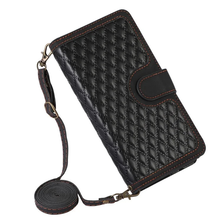 For iPhone 15 Plus Flip Wallet Stand Case 9 Card Slots Zipper Pocket Phone Cover with Wrist+Shoulder Straps - Black