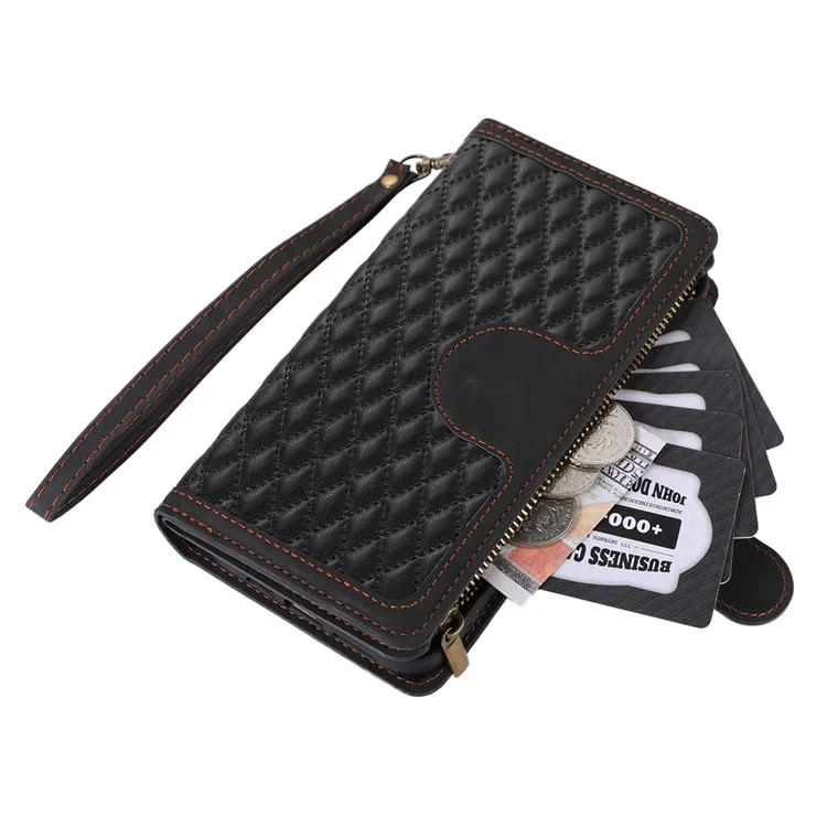 For iPhone 15 Plus Flip Wallet Stand Case 9 Card Slots Zipper Pocket Phone Cover with Wrist+Shoulder Straps - Black
