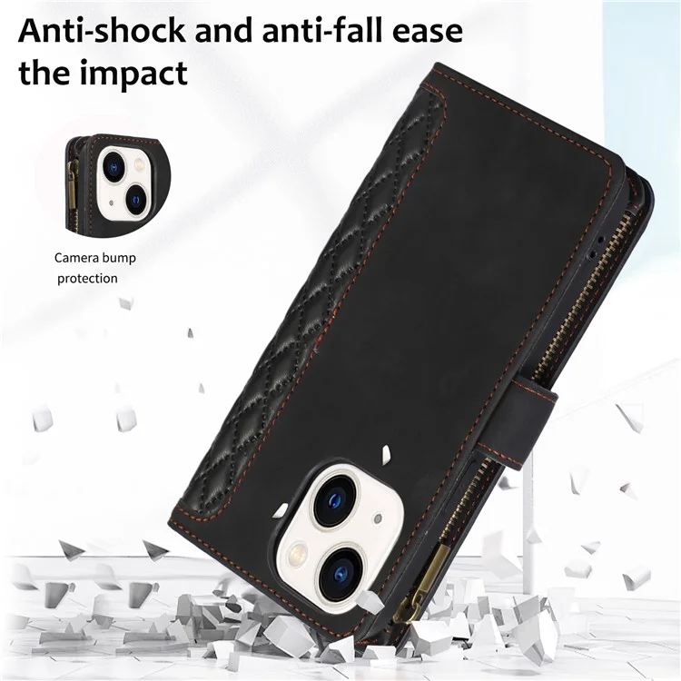 For iPhone 15 Plus Flip Wallet Stand Case 9 Card Slots Zipper Pocket Phone Cover with Wrist+Shoulder Straps - Black