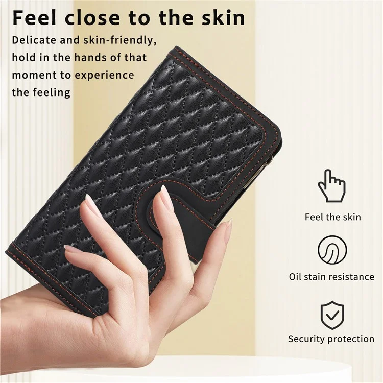 For iPhone 15 Plus Flip Wallet Stand Case 9 Card Slots Zipper Pocket Phone Cover with Wrist+Shoulder Straps - Black