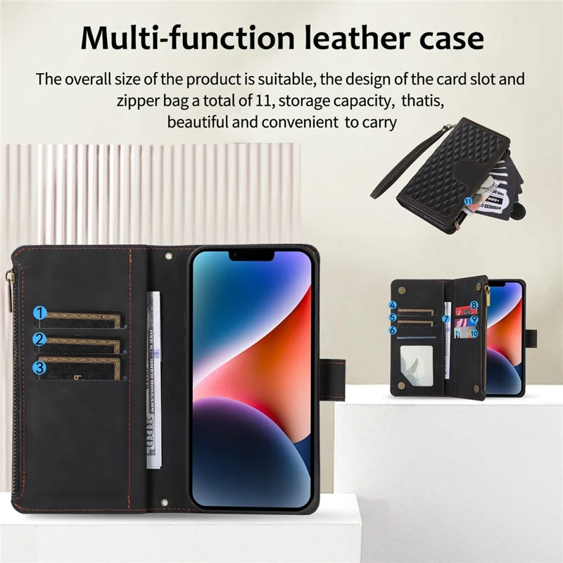 For iPhone 15 Zipper Pocket Anti-drop Cover 9 Card Slots Wallet Stand Phone Case with Wrist+Shoulder Straps - Black