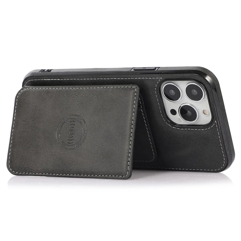 For iPhone 15 Pro Max Drop-proof Phone Case PU Leather + TPU Card Holder Kickstand Back Cover - Black