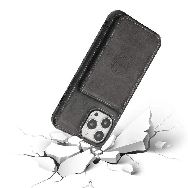 For iPhone 15 Pro Max Drop-proof Phone Case PU Leather + TPU Card Holder Kickstand Back Cover - Black