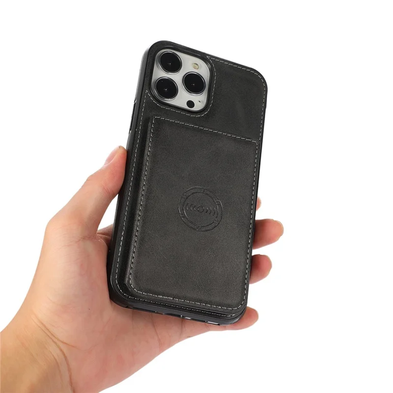 For iPhone 15 Pro Max Drop-proof Phone Case PU Leather + TPU Card Holder Kickstand Back Cover - Black