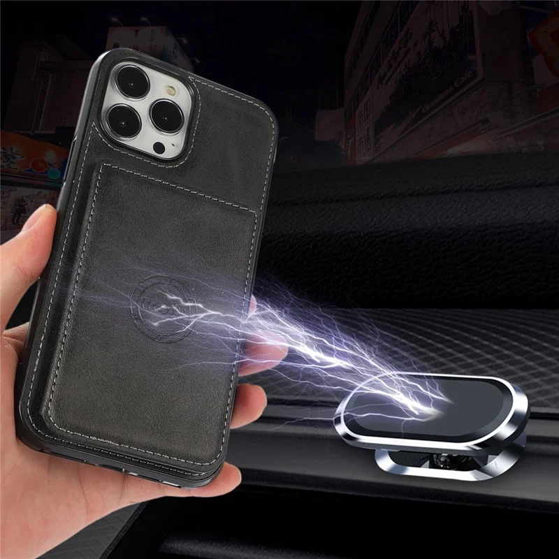For iPhone 15 Pro Max Drop-proof Phone Case PU Leather + TPU Card Holder Kickstand Back Cover - Black