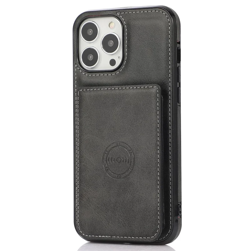 For iPhone 15 Pro Max Drop-proof Phone Case PU Leather + TPU Card Holder Kickstand Back Cover - Black