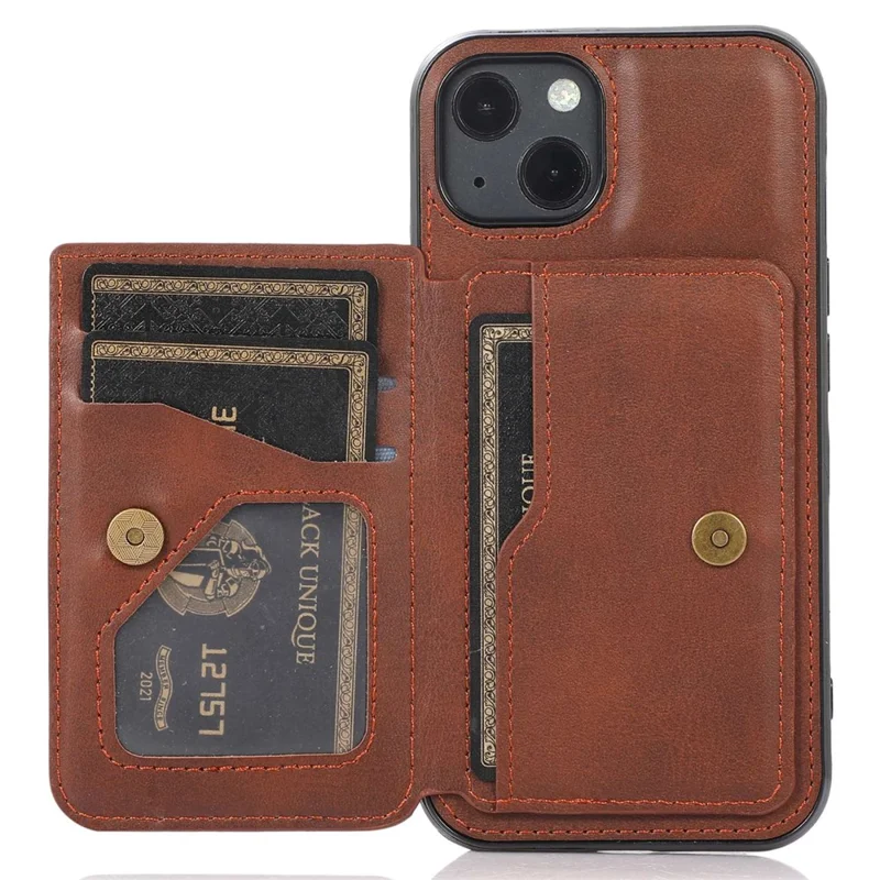 For iPhone 15 Plus PU Leather + TPU Phone Case Card Holder Kickstand Mobile Phone Protective Cover - Coffee