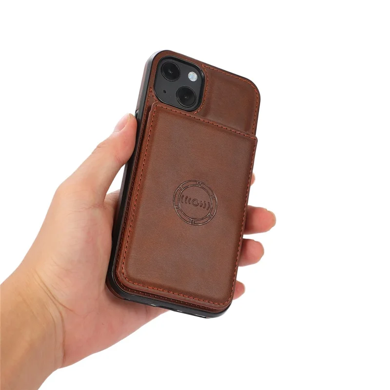 For iPhone 15 Plus PU Leather + TPU Phone Case Card Holder Kickstand Mobile Phone Protective Cover - Coffee