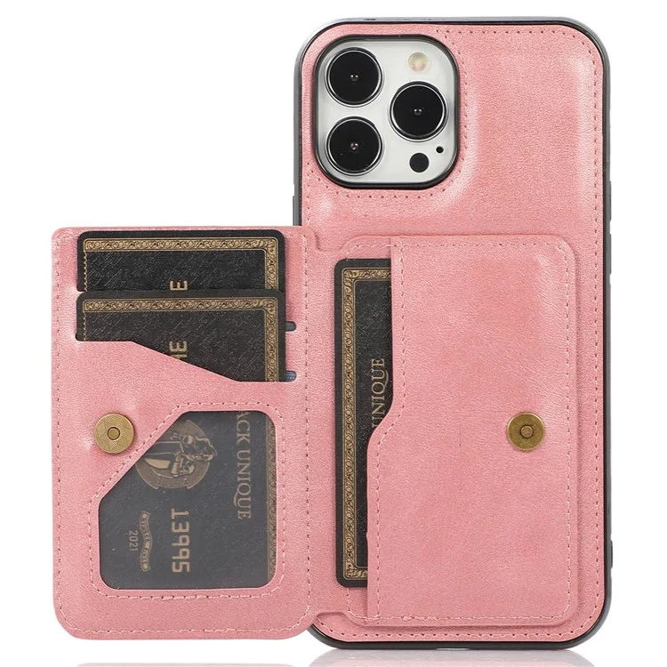Para iPhone 15 Pro Suporte para cartão Suporte para telefone Capa de telefone em couro PU + TPU Anti-scratch Capa de proteção para telefone - Rose Gold