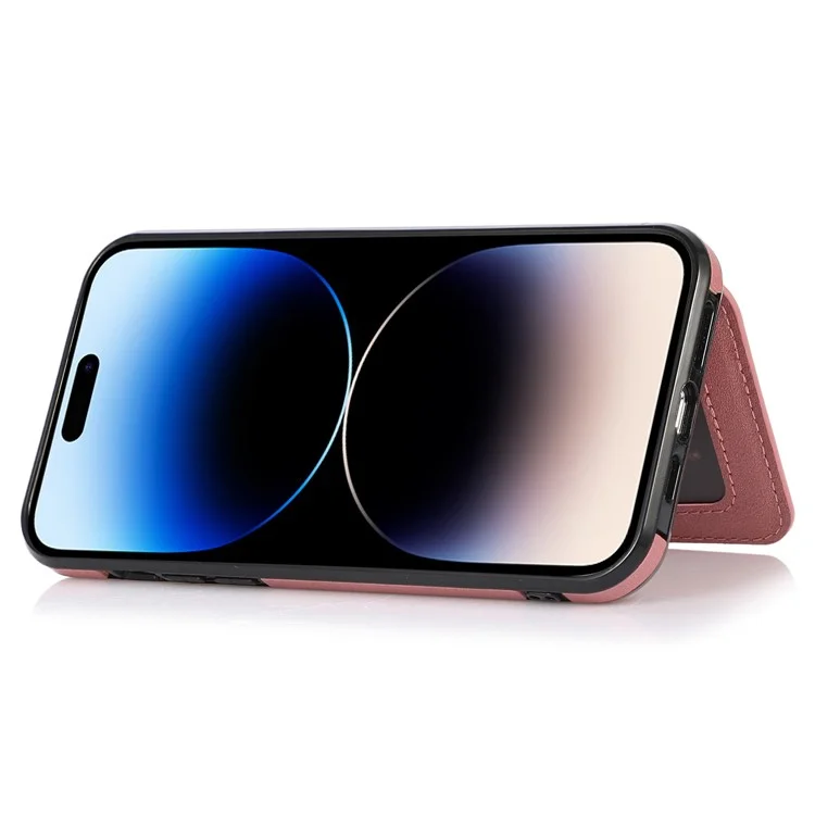 Para iPhone 15 Pro Suporte para cartão Suporte para telefone Capa de telefone em couro PU + TPU Anti-scratch Capa de proteção para telefone - Rose Gold