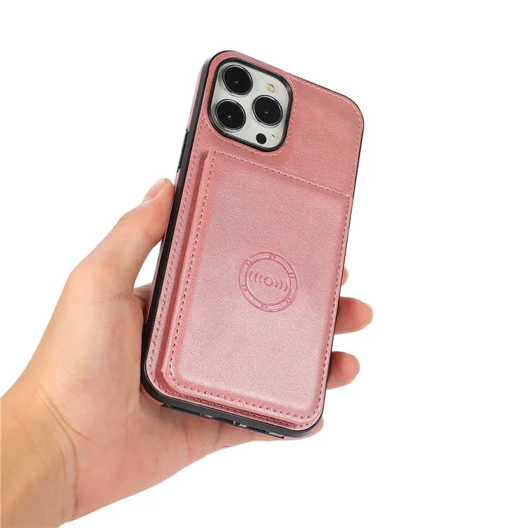 Para iPhone 15 Pro Suporte para cartão Suporte para telefone Capa de telefone em couro PU + TPU Anti-scratch Capa de proteção para telefone - Rose Gold