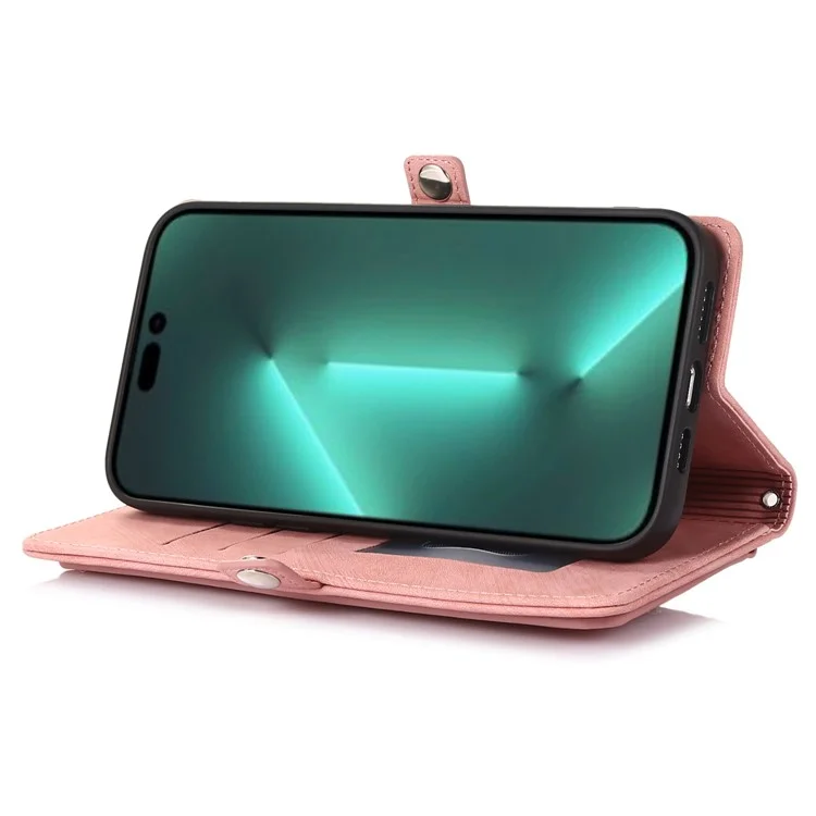 Para iPhone 15 Pro Multifunction PU Leather Wallet Phone Case Zipper Pocket Phone Cover with 9 Card Slots - Rose Gold