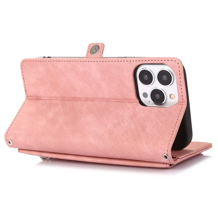 Para iPhone 15 Pro Multifunction PU Leather Wallet Phone Case Zipper Pocket Phone Cover with 9 Card Slots - Rose Gold