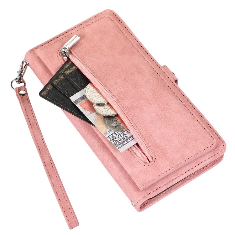 Para iPhone 15 Pro Multifunction PU Leather Wallet Phone Case Zipper Pocket Phone Cover with 9 Card Slots - Rose Gold