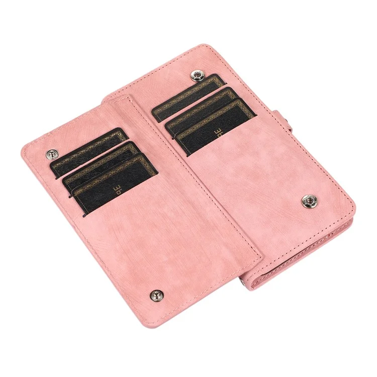 Para iPhone 15 Pro Multifunction PU Leather Wallet Phone Case Zipper Pocket Phone Cover with 9 Card Slots - Rose Gold