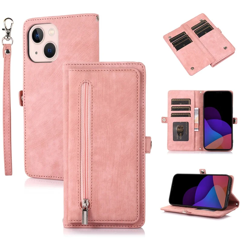 PU Leather Wallet Phone Case For iPhone 15 Plus , Zipper Pocket Phone Shell Cover with 9 Card Slots - Pink
