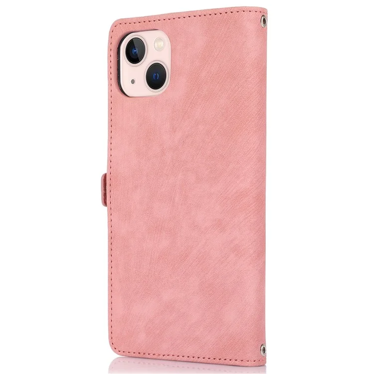 PU Leather Wallet Phone Case For iPhone 15 Plus , Zipper Pocket Phone Shell Cover with 9 Card Slots - Pink