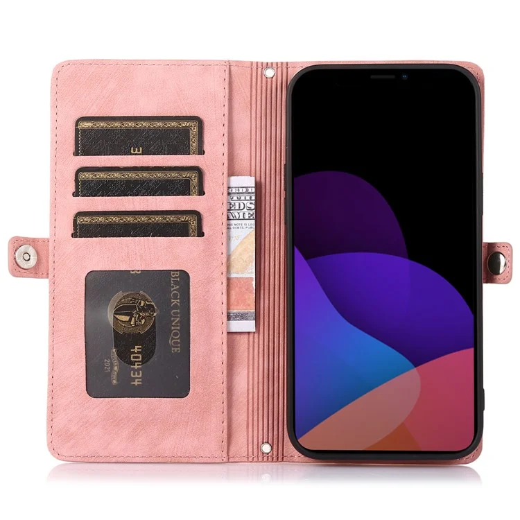 PU Leather Wallet Phone Case For iPhone 15 Plus , Zipper Pocket Phone Shell Cover with 9 Card Slots - Pink