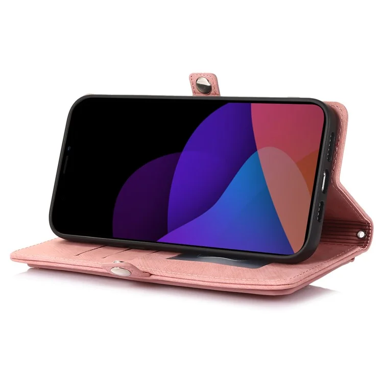 PU Leather Wallet Phone Case For iPhone 15 Plus , Zipper Pocket Phone Shell Cover with 9 Card Slots - Pink