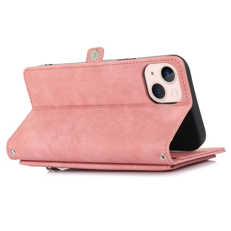 PU Leather Wallet Phone Case For iPhone 15 Plus , Zipper Pocket Phone Shell Cover with 9 Card Slots - Pink