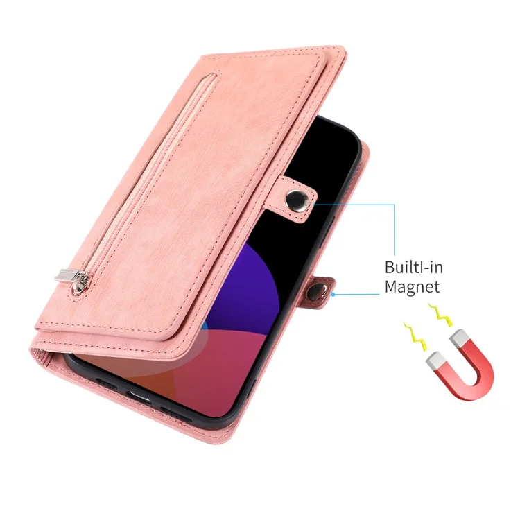 PU Leather Wallet Phone Case For iPhone 15 Plus , Zipper Pocket Phone Shell Cover with 9 Card Slots - Pink