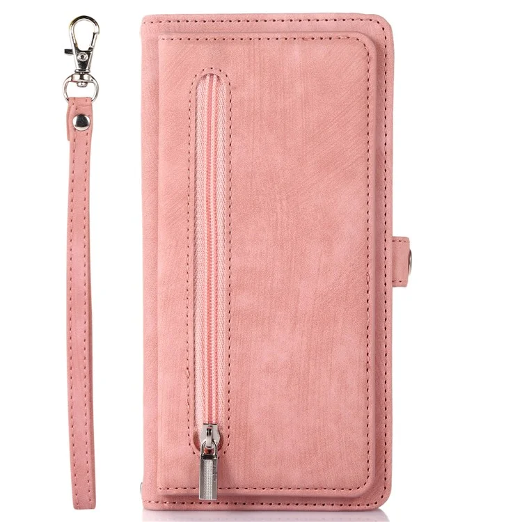 PU Leather Wallet Phone Case For iPhone 15 Plus , Zipper Pocket Phone Shell Cover with 9 Card Slots - Pink