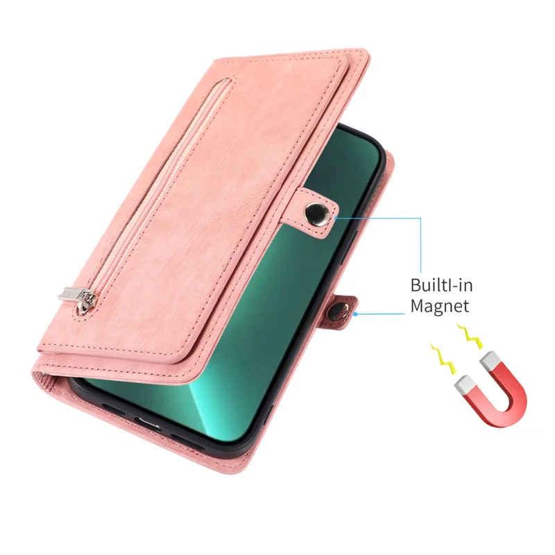 Per iPhone 15 Pro Max Custodia per cellulare 9 slot per schede Tasca con zip Multifunzione Portafoglio in pelle PU Custodia per telefono - Rose Gold