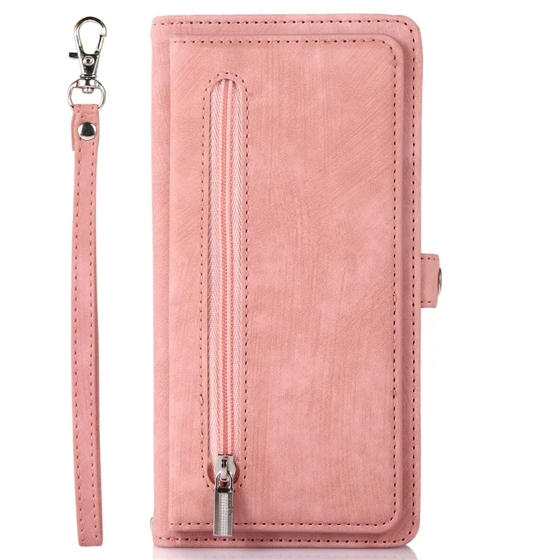 Per iPhone 15 Pro Max Custodia per cellulare 9 slot per schede Tasca con zip Multifunzione Portafoglio in pelle PU Custodia per telefono - Rose Gold