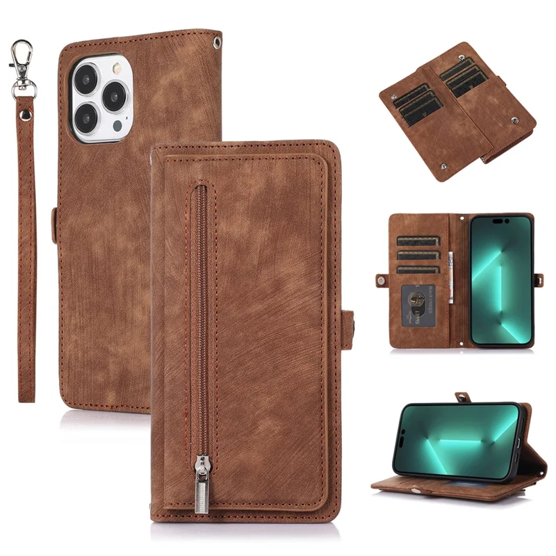 For iPhone 15 Pro Max Cell Phone Case 9 Card Slots Zipper Pocket Multifunction PU Leather Wallet Phone Cover - Brown