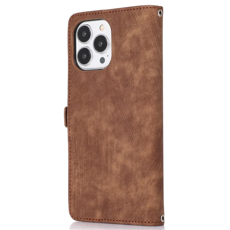 For iPhone 15 Pro Max Cell Phone Case 9 Card Slots Zipper Pocket Multifunction PU Leather Wallet Phone Cover - Brown
