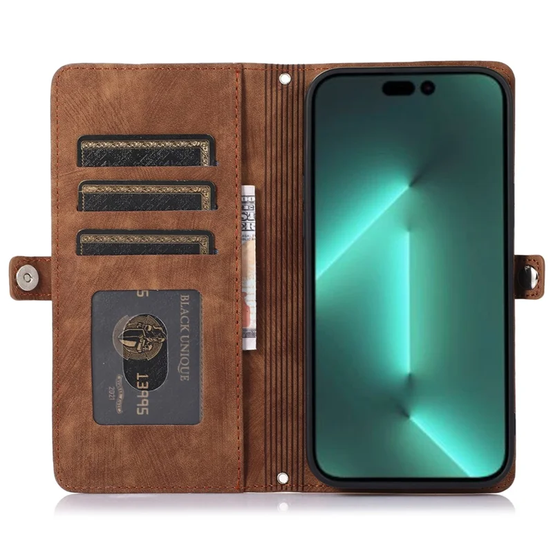 For iPhone 15 Pro Max Cell Phone Case 9 Card Slots Zipper Pocket Multifunction PU Leather Wallet Phone Cover - Brown