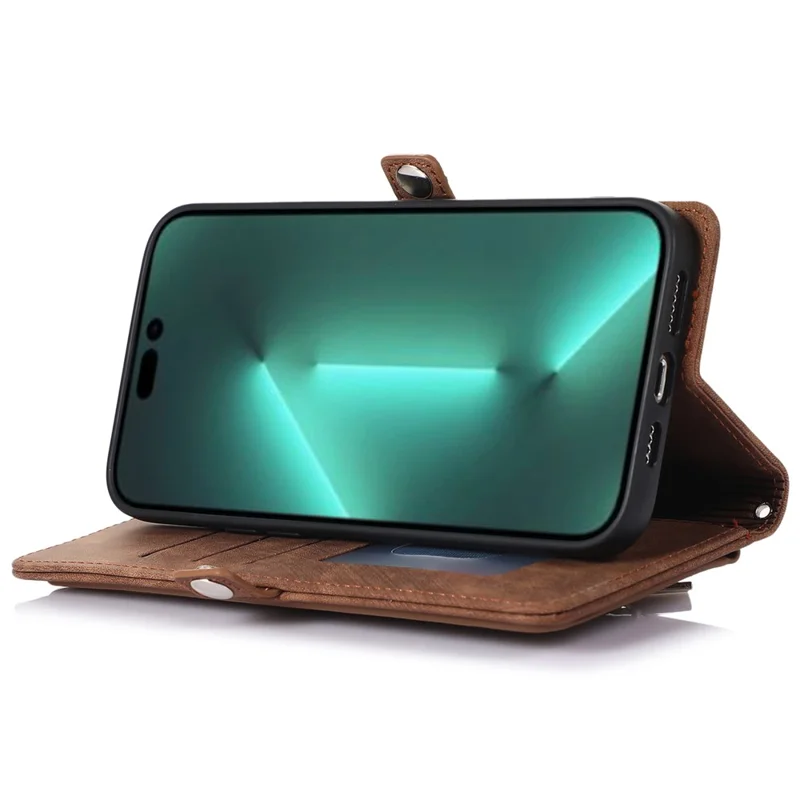 For iPhone 15 Pro Max Cell Phone Case 9 Card Slots Zipper Pocket Multifunction PU Leather Wallet Phone Cover - Brown