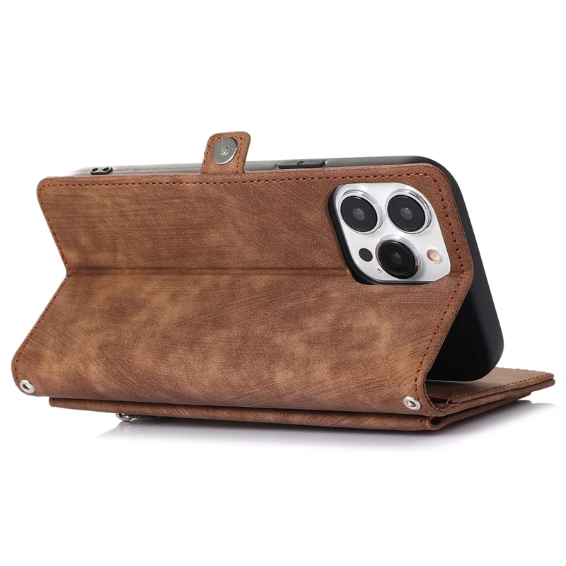 For iPhone 15 Pro Max Cell Phone Case 9 Card Slots Zipper Pocket Multifunction PU Leather Wallet Phone Cover - Brown