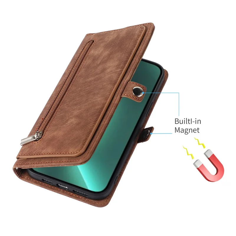 For iPhone 15 Pro Max Cell Phone Case 9 Card Slots Zipper Pocket Multifunction PU Leather Wallet Phone Cover - Brown