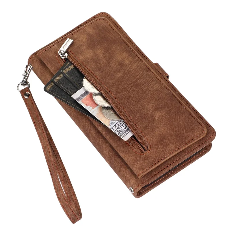 For iPhone 15 Pro Max Cell Phone Case 9 Card Slots Zipper Pocket Multifunction PU Leather Wallet Phone Cover - Brown