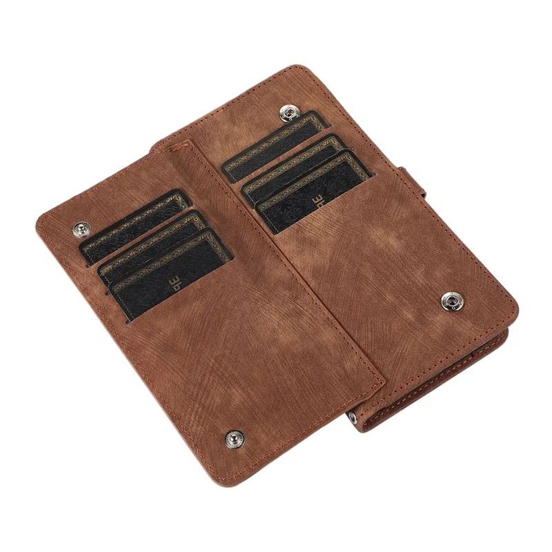 For iPhone 15 Pro Max Cell Phone Case 9 Card Slots Zipper Pocket Multifunction PU Leather Wallet Phone Cover - Brown