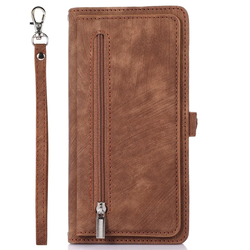 For iPhone 15 Pro Max Cell Phone Case 9 Card Slots Zipper Pocket Multifunction PU Leather Wallet Phone Cover - Brown