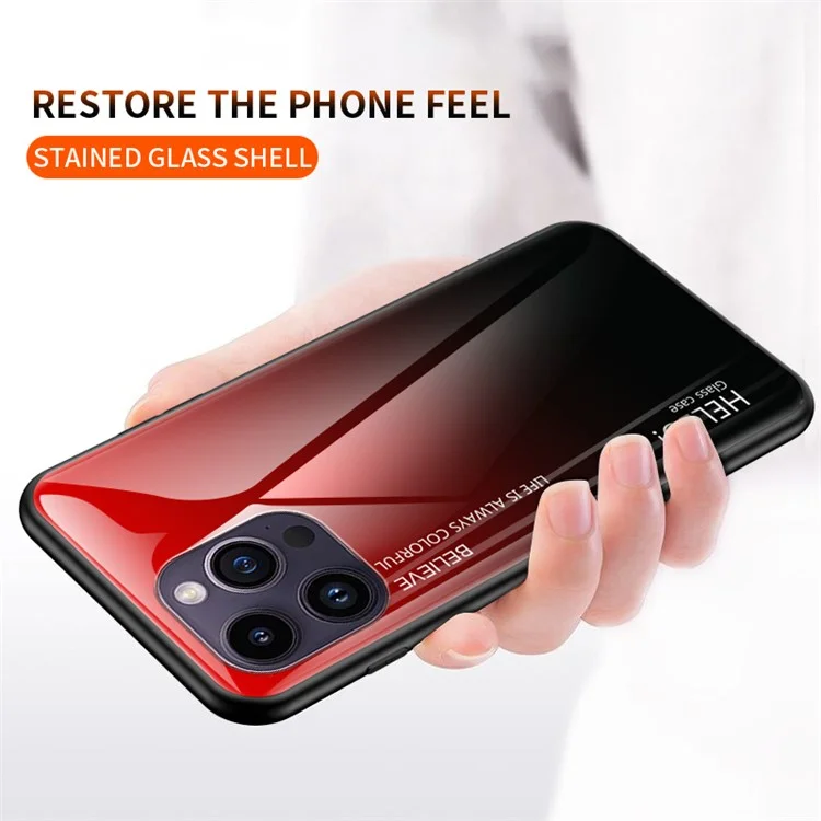For iPhone 15 Pro Max Gradient Tempered Glass Case PC+TPU Anti-Drop Phone Cover - Gradient Red Black