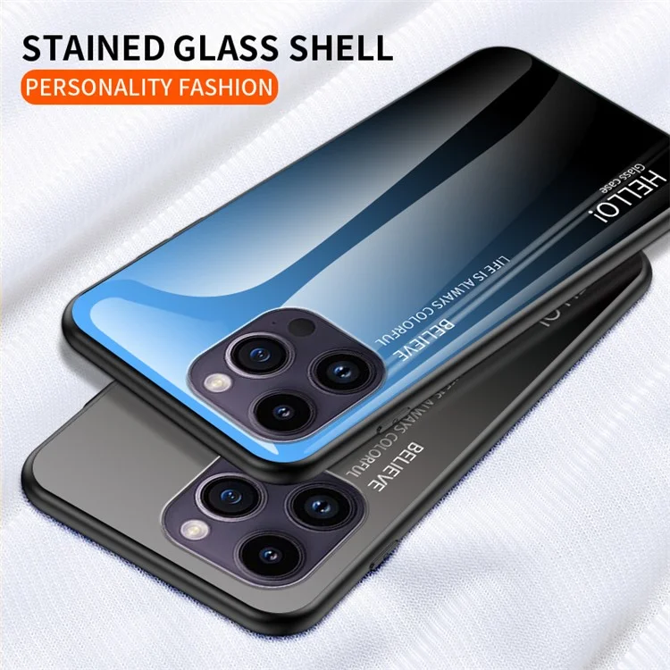For iPhone 15 Pro Max Gradient Tempered Glass Case PC+TPU Anti-Drop Phone Cover - Gradient Red Black