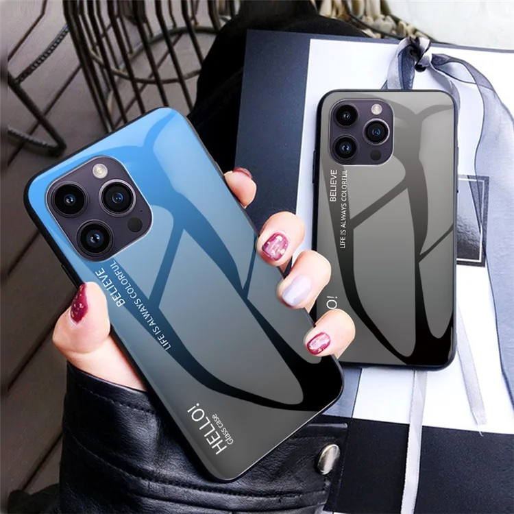 For iPhone 15 Pro Max Gradient Tempered Glass Case PC+TPU Anti-Drop Phone Cover - Gradient Red Black