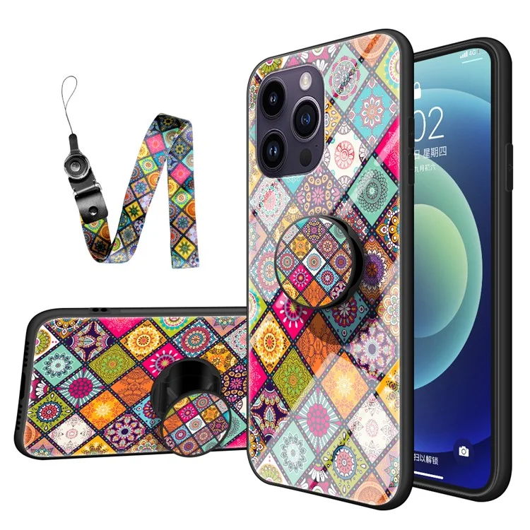 Per iPhone 15 Pro Max Flower Pattern Kickstand Case Tempered Glass+PC+TPU Phone Cover con Lanyard - Color Pattern
