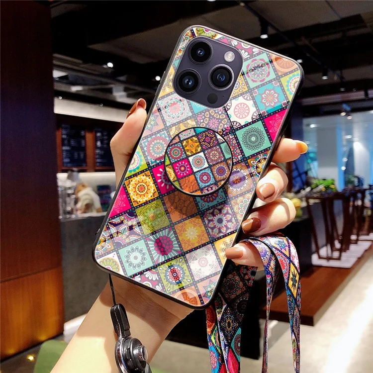 Per iPhone 15 Pro Max Flower Pattern Kickstand Case Tempered Glass+PC+TPU Phone Cover con Lanyard - Color Pattern