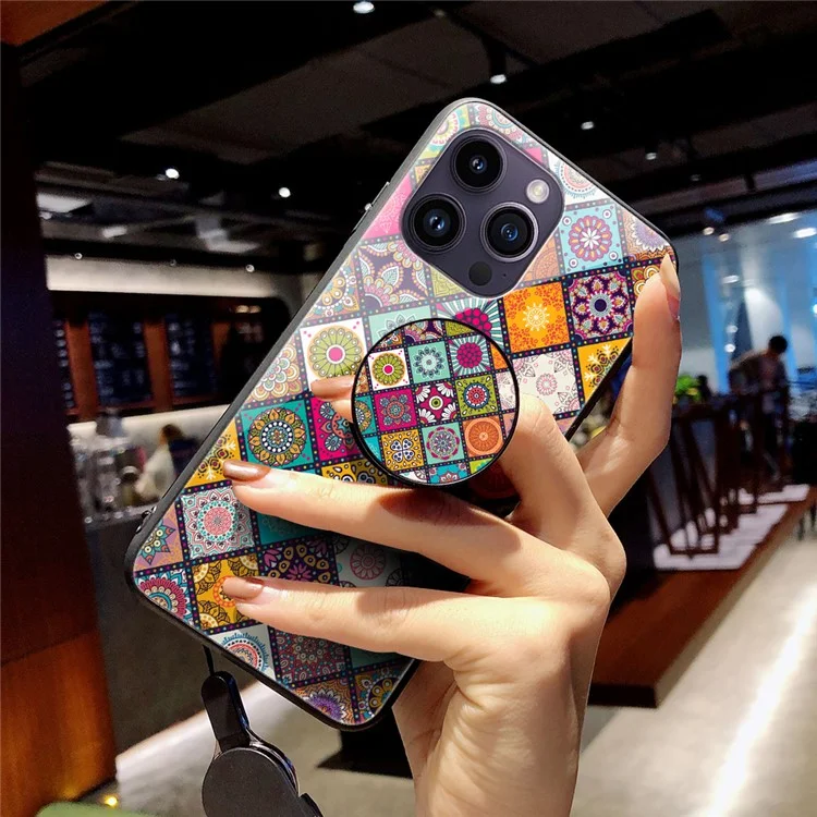 Per iPhone 15 Pro Max Flower Pattern Kickstand Case Tempered Glass+PC+TPU Phone Cover con Lanyard - Color Pattern