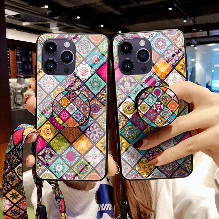 Per iPhone 15 Pro Max Flower Pattern Kickstand Case Tempered Glass+PC+TPU Phone Cover con Lanyard - Color Pattern