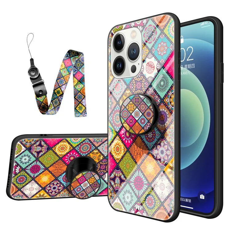 Per iPhone 15 Pro Tempered Glass+PC+TPU Kickstand Case Flower Pattern Phone Cover with Lanyard - Color Pattern