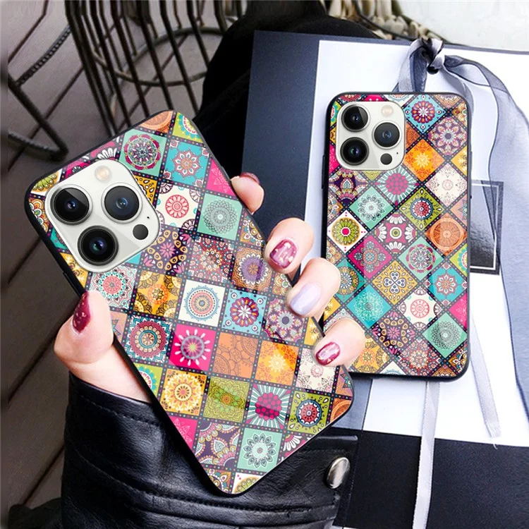 Per iPhone 15 Pro Tempered Glass+PC+TPU Kickstand Case Flower Pattern Phone Cover with Lanyard - Color Pattern