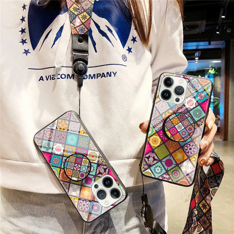 Per iPhone 15 Pro Tempered Glass+PC+TPU Kickstand Case Flower Pattern Phone Cover with Lanyard - Color Pattern